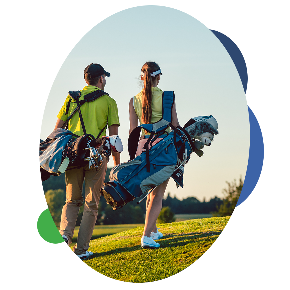 Golf balls on the golf course with golf clubs ready for golf in the first short.